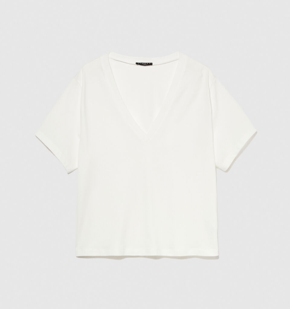T-shirt with V-neck in 100% organic cotton - women's short sleeve t-shirts - White | Sisley image number 6